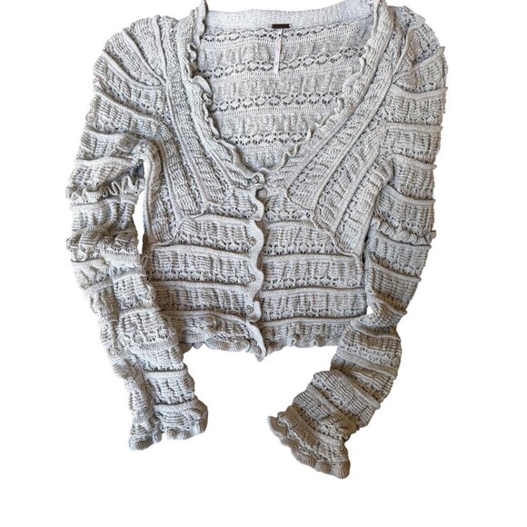 Free People Wild Roses Cardi Ruffle Lace Knit Cardigan Light Soft Grey XS New - Picture 11 of 13